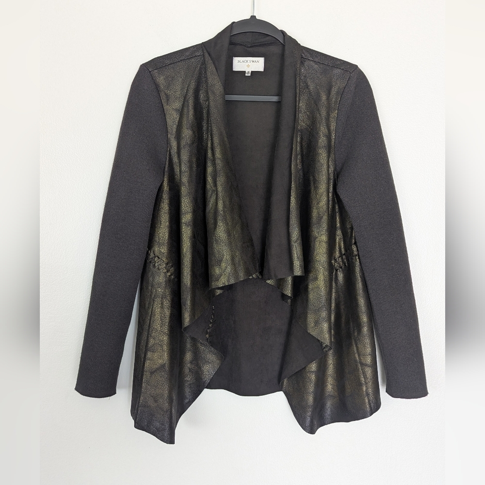 Black Swan Black Gold Metallic Draped Open Front Ribbed Cardigan Sweater